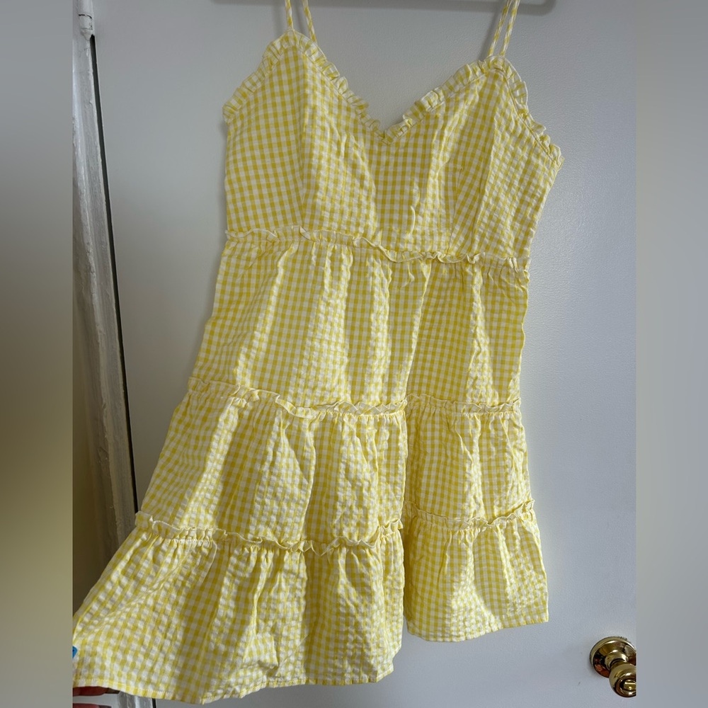 Plaid Yellow V Neck Mini Dress with Ruffles and Spaghetti Straps